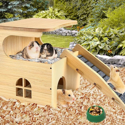 Upgraded Thickened Board Wooden Guinea Pig Castle Hideout - Spacious & Long-Lasting Small Pet Mansion with Stairs & Mat for Guinea Pigs, Chinchillas, Rats, Hamsters, and Bunnies