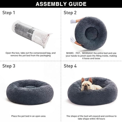 Love's cabin Calming Dog & Cat Bed, Cat Bed for Indoor Cats,Anti-Anxiety Donut Round Dog Bed,Fluffy Faux Fur Washable Bed for Small Medium Pet,Beige,Bluish Grey,30"