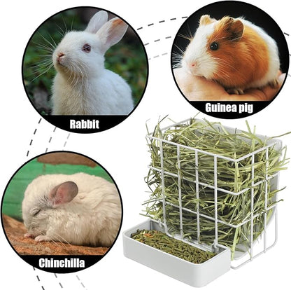 Rabbit Hay Feeder Guinea Pig Hay Feeder, Hay and Food Holder with Hook Heavy-Duty Metal Frame Hay Rack，for Bunny, Guinea Pigs,Chinchillas， Comes with Two Multifunctional Zippers-6.8x6.7x6.6inch
