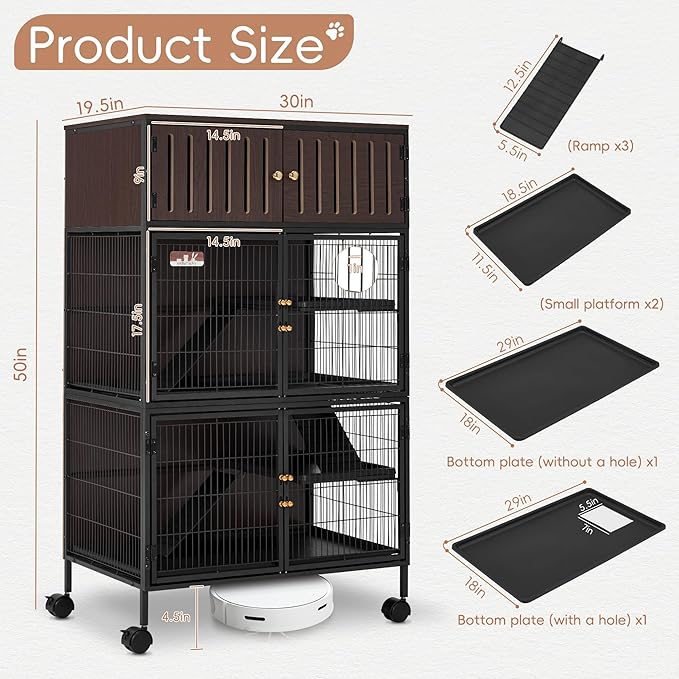 HABUTWAY 50''H Metal Large Ferret Cage, Rolling Chinchilla Cage with Removable Ramps& Double Door, Critter Nation with Locker, Small Animal Cage Indoor Wooden Pet Crate Furniture