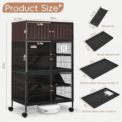 HABUTWAY 50''H Metal Large Ferret Cage, Rolling Chinchilla Cage with Removable Ramps& Double Door, Critter Nation with Locker, Small Animal Cage Indoor Wooden Pet Crate Furniture