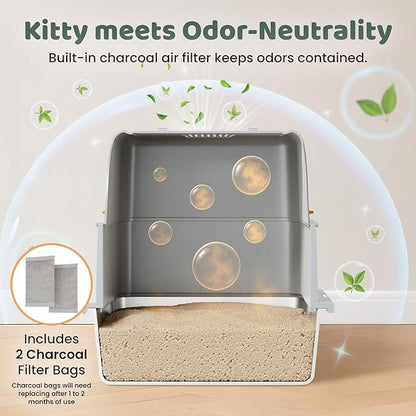 Stainless Steel Litter Box with Lid - XL Enclosed Litter Box for Cats with Collecting Mat - 4 Way Setup Fully Closed, Semi Low, High & Open Kitty Boxes, Leak Proof Metal LitterBox (Light Gray)