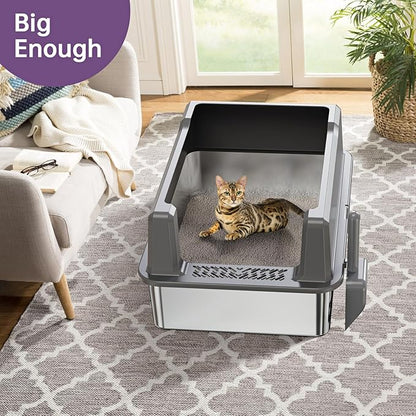 XXXL Stainless Steel Cat Litter Box with High Sides, 28" L x 20" W x 14" H Extra Large Litter Box for Big Cats and Multiple Cats, Enclosure Cat Litter Pan with Anti-Urine Leakage, Easy Clean