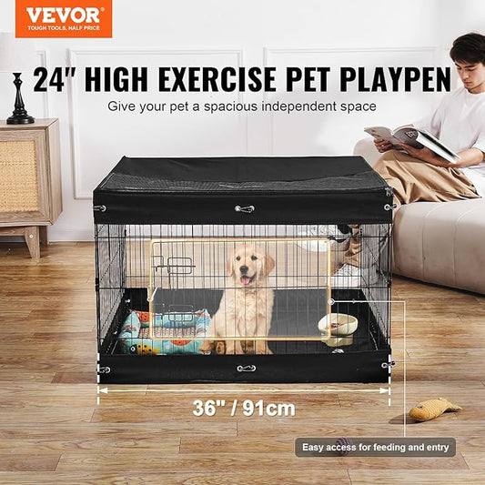VEVOR Dog Playpen, 4 Pcs 24 x 36 in Panels Foldable Metal Pet Exercise Pen, Dog Fence Indoor and Outdoor Pen with Door, Top Cover, and Bottom Pad, Pet Playpen for Dogs, Cats and Other Small Animals