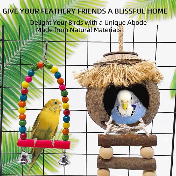 Hamiledyi Coconut Bird Nest Hut with Ladder Hanging Birds Hide House for Parrots Parakeet Conures Cockatiel