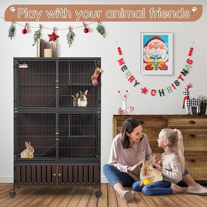 HABUTWAY 60''H Metal Large Ferret Cage, Rolling Chinchilla Cage with Removable Ramps& Double Door, Critter Nation with Locker, Small Animal Cage, Rat Indoor Wooden Pet Crate Furniture