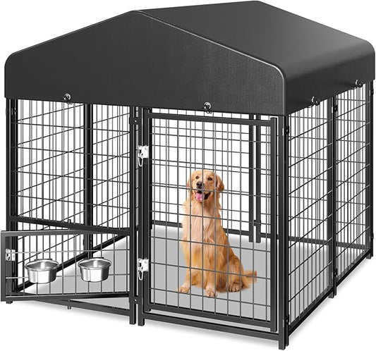 Outdoor Dog Kennel with Roof, Weatherproof Dog Kennel Outside with Swivel Feeders & Removable Doggy Door, Backyard Dog Run Playpen Pet Enclosures for Medium to Large Dogs (5'L x 5'W x 5'H)