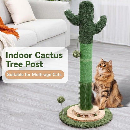 OTOB 36" Tall Cat Scratching Post, Natural Sisal Rope Cactus Cat Scratch Post, Vertical 6-in-1 Interactive Turntable Cat Scratcher Post with Soft Ball Toys, Protect Your Furniture for All Indoor Cats