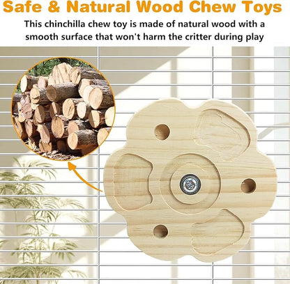 PINVNBY 2 PCS Natural Wooden Chinchilla Chew Toys Rotatable Chinchilla Toy Interactive Teeth Grinding Chew Toy Hanging Chinchilla Cage Accessories for Bunny Rabbit Guinea Pig Hamster Squirrel (Flower)