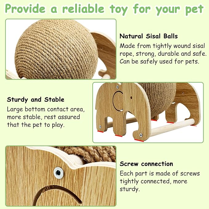 Fhiny Rabbit Scratch Toy, Natural Sisal Rabbit Scratching Ball Cute Sisal Rope Bunny Claw Scratcher Rotating Ball Interactive Toys Nail Scratching Post for Indoor Pets Kittens Ferrets Elephant Shape