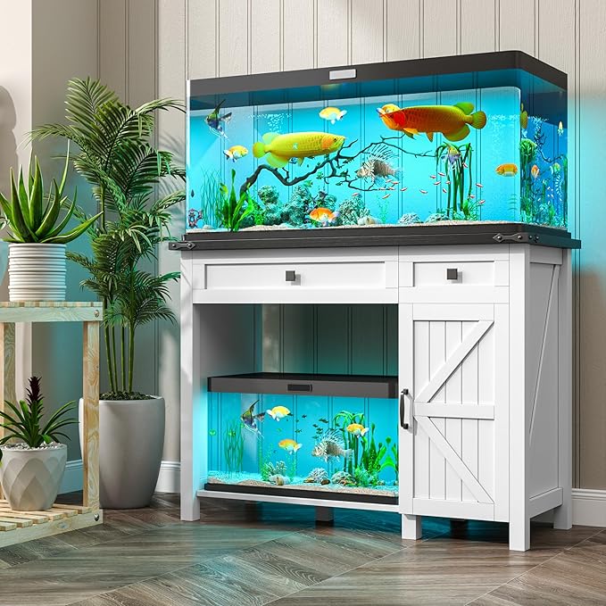 40 Gallon Fish Tank Stand with Power Outlets, Farmhouse Decorative Aquarium Stand Furniture with Adjustable Shelves and Drawer, Reptile Turtle Tank Stand with Cabinet Storage (White, 30-40GL)