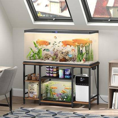 55-75 Gallon Fish Tank Stand with Power Outlet, 3-Tier Metal Frame Aquarium Stand, Heavy Duty Reptile Terrarium Tank Stand, 52.0"L x 19.7"W x 29.9"H, 800 LBS Capacity, Rustic Brown FTHR55E01