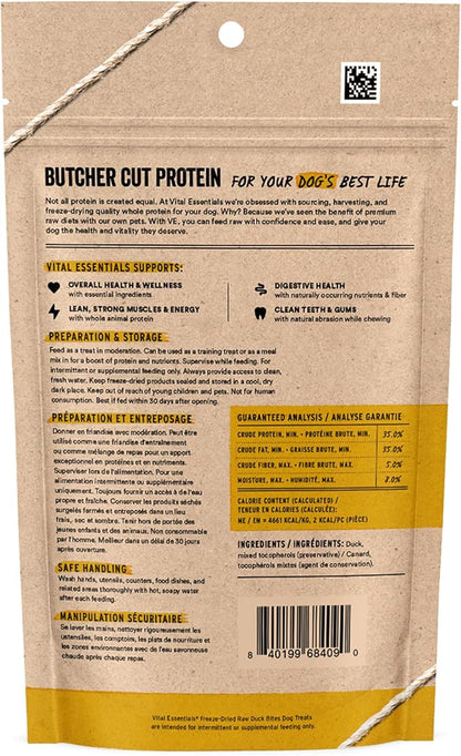 Vital Essentials Duck Bites Dog Treats, 2 oz | Freeze-Dried Raw | Single Protein | Premium Quality High Protein Training Treats | Grain Free, Gluten Free, Filler Free