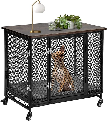 Dog Crate Furniture with Cushion, Wooden Dog Crate Table, Modern Kennel for Dogs Indoor, Heavy-Duty Dog Cage with Multi-Purpose Removable Tray, 27.2" L