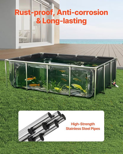 VEVOR Canvas Fish Pond, 470 Gal Above Ground Fish Pond, PVC Koi Tank with Clear Viewing Panel, Rectangular Goldfish Tank with Stainless Steel Frame & Drain Valve, for Breeding Koi, Irrigation(Black)