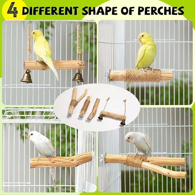Natural Solid Wood Bird Perch and Swing - Durable Toys for Parakeets, Parrots & Birds - Safe cage Accessories with High Hardness Texture