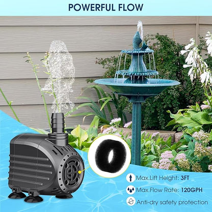 NFESOLAR Submersible Water Pump 120GPH, Ultra Quiet Submersible Pump with Dry Burning Protection 3ft High Lift for Fountains, Waterfall, Hydroponics, Aquariums KF202