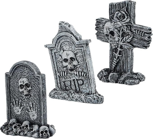 Uniclife 3 Pcs Halloween Miniature Tombstones Decorations, Halloween Fish Tank Decor, Resin Mini Tombstones Figurines, RIP Cross Skull Graveyard Gravestones, Small Spooky Town Village Accessories