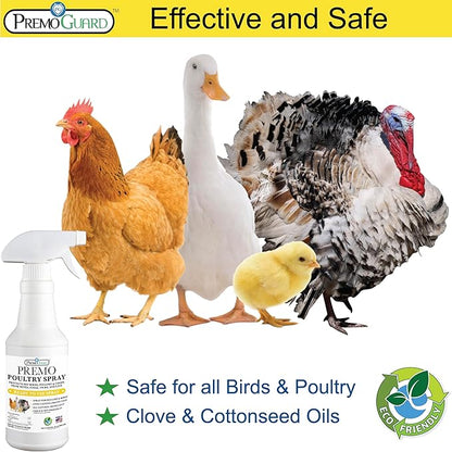 Premo Guard Poultry Spray - 32 oz - Kill Scaly Leg, Mites, Fleas, Lice, & Other Pest on Chickens and in Coops - Natural Plant Based Oils for Control, & Prevention - Family Safe with No Egg Withdrawl