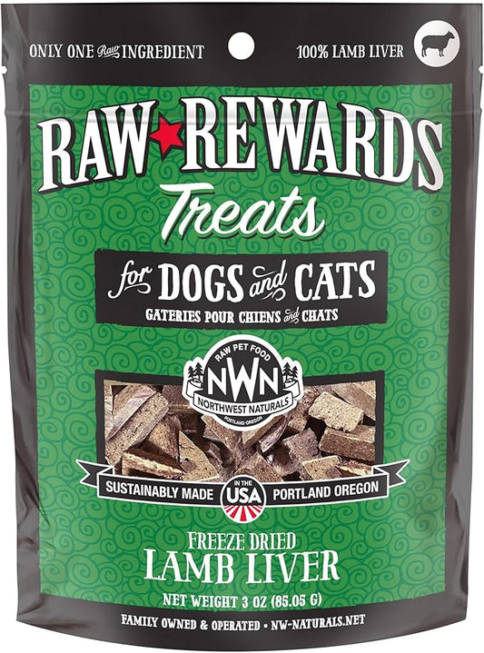 Northwest Naturals Raw Rewards Freeze-Dried Lamb Liver Treats for Dogs and Cats - Bite-Sized Pieces - Healthy, 1 Ingredient, Human Grade Pet Food, All Natural, Proudly Made in USA, 3 Oz