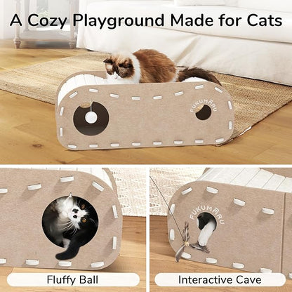 FUKUMARU Cat Beds for Indoor Pets, 31.5 Inches Extra-Large Cat Cave for Multi-Pet, Cozy House with Fluffy Ball Hanging, Scratch Resistant Felt Kitten Hideaway Bed, Feline Tunnel, Beige