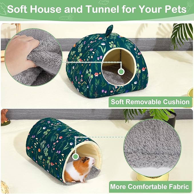 Bienbee Guinea Pig Hideout, Washable Rabbit Bed with Guinea Pig Tunnel, 2 Pack Guinea Pigs Toys Set Bunny Hideout Cage Accessories for Hamster Ferret Rabbits Bunny,Dark Green Flower Branches