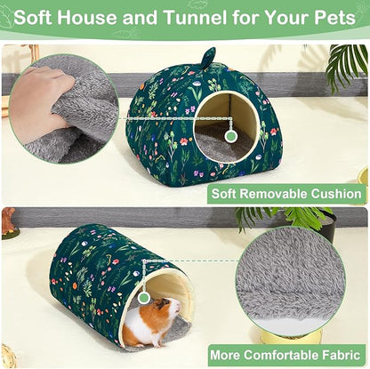 Bienbee Guinea Pig Hideout, Washable Rabbit Bed with Guinea Pig Tunnel, 2 Pack Guinea Pigs Toys Set Bunny Hideout Cage Accessories for Hamster Ferret Rabbits Bunny,Dark Green Flower Branches