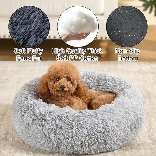 Dog Calming Beds for Small Medium Dogs - Round Donut Washable Dog Bed, Anti-Slip Faux Fur Fluffy Donut Cuddler Anxiety Cat Bed(Light Grey 28")