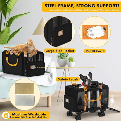 PAWZIDEA Expandable Pet Carrier with Wheels, 18"x11"x11" TSA Airline Approved Cat Carrier for 2 Cats Under Seat, Soft-Sided Dog Carrier for Small Dogs Rolling Travel Bag w/Telescopic Handle, ID Card