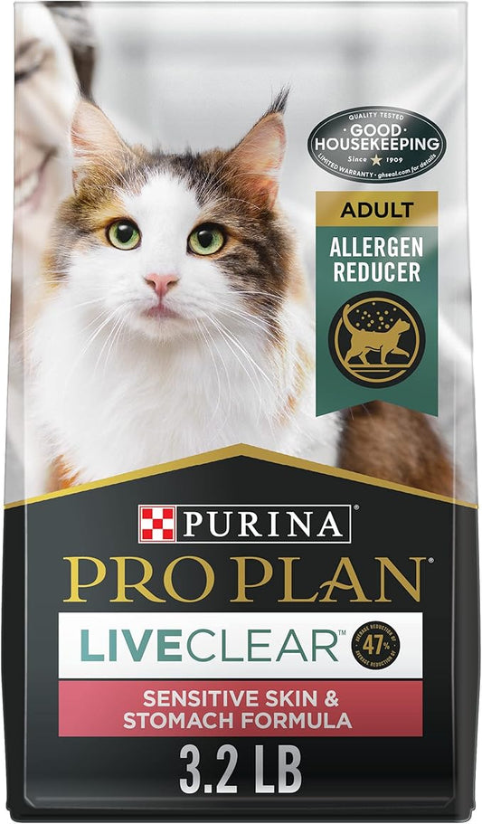 Purina Pro Plan Allergen Reducing, Sensitive Skin & Stomach, High Protein Cat Food, LIVECLEAR Turkey and Oatmeal Formula - 3.2 lb. Bag