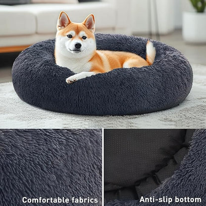 Love's cabin Calming Dog & Cat Bed, Cat Bed for Indoor Cats,Anti-Anxiety Donut Round Dog Bed,Fluffy Faux Fur Washable Bed for Small Medium Pet,Beige,Bluish Grey,30"