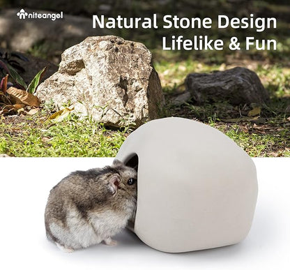 Niteangel Ceramic Hamster Habitat Hideout: - Hideaway House for Syrian Dwarf Hamster Mice Gerbils Lemmings or Other Similar-Sized Small Pet (Stone-Shaped - for Dwarf)