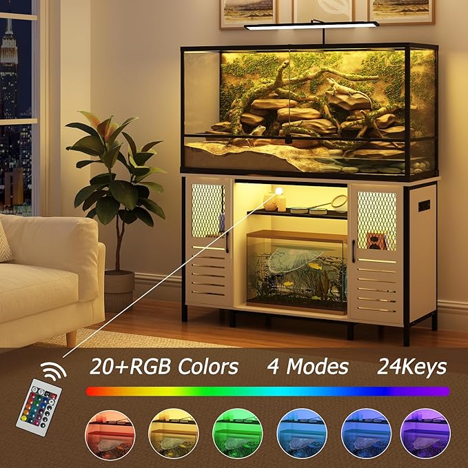 BREEZEHEAT 55-75 Gallon Fish Tank Stand with Power Outlets, LED Light, Adjustable Shelves, Heavy Duty Aquarium Stand with Cabinet, Terrarium stand Suitable for Turtle & Reptile Tank, 1250LBS, White