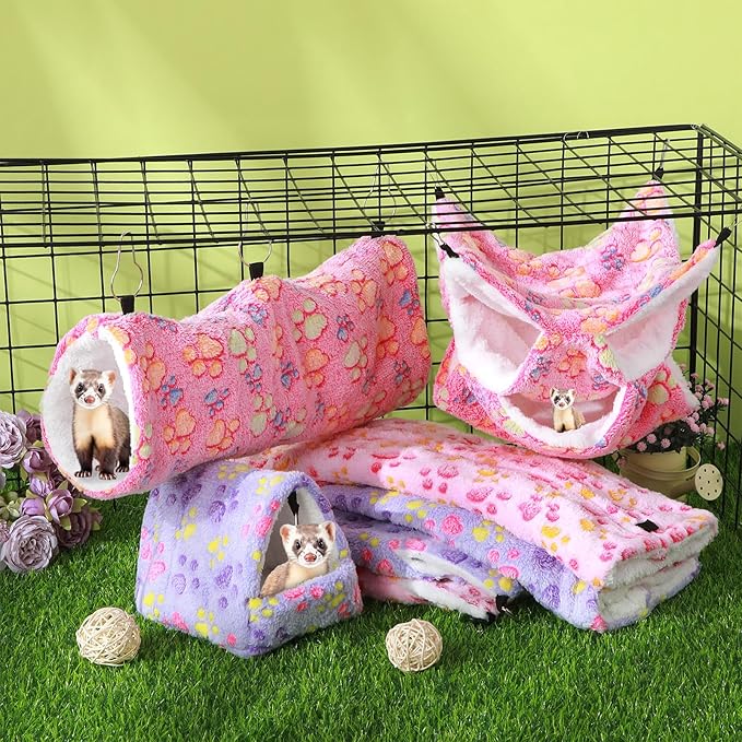 Abbylike 9 Pieces Rat Hammock 3 Tier Guinea Pig Ferret Hammocks Small Pet Hanging Tunnel Glider Toy Guinea Pig Ferret Hideout Bed Cage Accessories for Hamster(Purple, Pink, Rose Red,Paw)