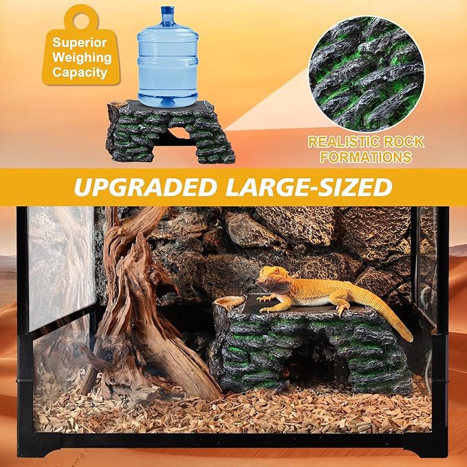 3 in 1 Large Bearded Dragon Basking Platform 13.4x7.1x5.3 in Scape Step Ledge Cave Hideout Natural Rock Reptile Food Bowl Reptile Tank Accessories for Lizard, Geckos, Ball Pythons, Tortoise