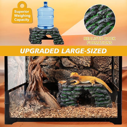 3 in 1 Large Bearded Dragon Basking Platform 13.4x7.1x5.3 in Scape Step Ledge Cave Hideout Natural Rock Reptile Food Bowl Reptile Tank Accessories for Lizard, Geckos, Ball Pythons, Tortoise