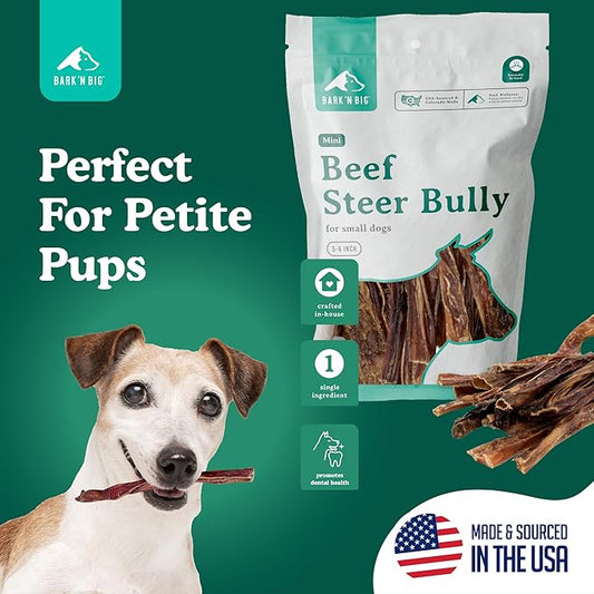 BARK'N BIG USA Beef Steer Sticks for Dogs 5-6 Inch Mini Bully Sticks - Natural Single Ingredient Dog Chews for Small Dogs & Puppies - Made in USA - 15 Count