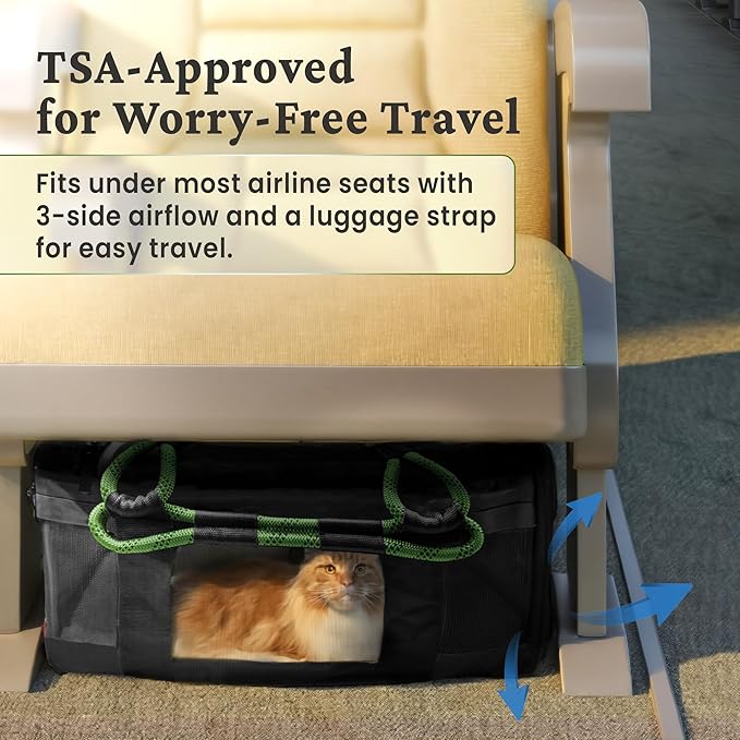 | TSA Airline Approved |Soft Sided Pet Carrier | Cat Carrier | Dog Carrier| Pets Up to 15 lbs | Leash & Luggage Strap | Black with Green Handle