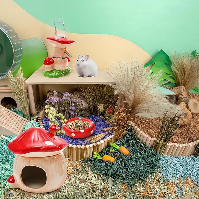 Hacaroa 3 Pack Ceramic Hamster Hideout, Mushroom Shape Guinea Pig Food Bowl Cute Water Bottle with Stand, Cool Hamster Bed House Small Animal Cage Accessories for Dwarf Hamsters, Mice, Gerbils