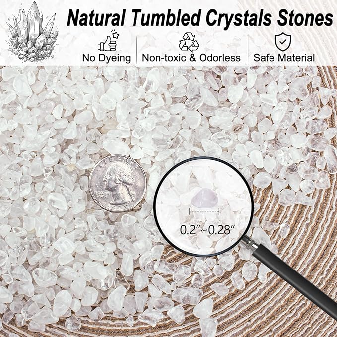 0.88 Lb Clear Quartz Crystal Chips Natural Tumbled Healing Crystal Chips Bulk Crushed Stones, Betta Fish Tank Gravel Rocks Clear Mini Pebbles for Aquarium, Vase Fillers, Succulent Plants Decor, 3-5 mm
