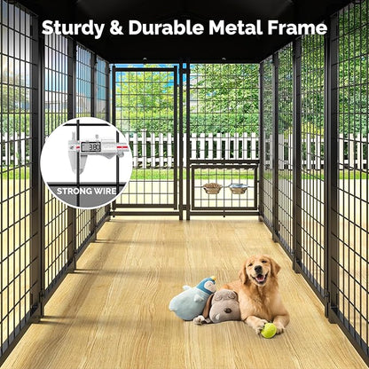 Sino Luban 2PCS Outdoor Dog Kennel Outside Run with Doggy Door, Swivel Feeder&Roof - 8x4x6FT Large Dog Kennels Pens Outside for Large Dogs Breed - Heavy Duty Cage (Can Connect to Your Dog House)