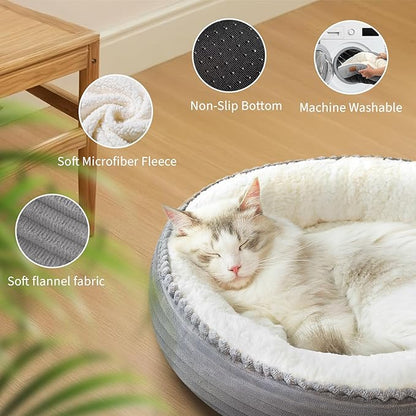 23in Round Cat Dog Bed for Large Medium Small Dogs Cats, Machine Washable Sleeping Sofa, Non-Slip Bottom Breathable Soft Calming Pet Cuddler for Indoor/Outdoor/Car/Cage, Light Grey