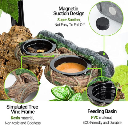 REPTI ZOO Magnetic Reptile Feeding Ledge, Gecko Feeder Ledge with 4PCS Cups, Hollow Vine Food Dish, Reptile Water Bowl for Bearded Dragon Lizard Snake, Reptile Terrarium Tank Accessories