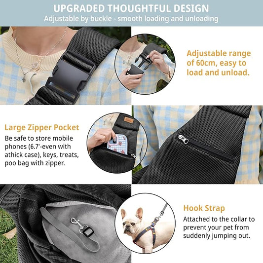 CUBY Dog and Cat Sling Carrier - Hands Free Reversible Pet Papoose Bag - Soft Pouch and Tote Design - Suitable for Puppy, Small Dogs Cats Outdoor (Black-Mesh, Adjust Strap 2.0)