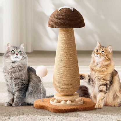Mushroom Cat Scratching Post Cat Tree, 21.5‘’ H Cute Cat Scratcher Tower with Durable Solid Wood Turntable Toy, Acorn Brown Mushroom Scratch Post Cat Sisal Scratcher with Catnip for Indoor Cats