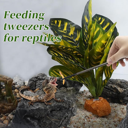 Reptile Feeding Tongs, Stainless Steel Lizard Feeding Tongs, Aquarium Straight Feeding Tweezers for Reptiles with Rubber Tip, Terrarium Feeding Tongs 10.63" L, Black Silver Tone