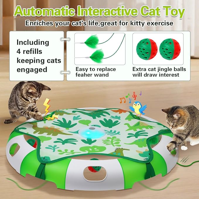 Automatic Interactive Cat Toy with Moving Feather & Chirping Sound Motion Activated Track Toys for Indoor Cats,USB Rechargeable, Extre 2 Cat Bell