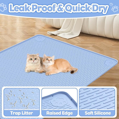 Cat Litter Mat, Extra Large 40" x 28" Silicone Mat Litter Trapping Mat for Scatter Control, Soft on Kitty Paws, Easy to Clean (Blue)