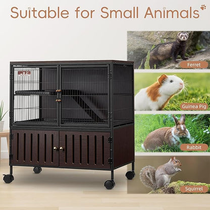 HABUTWAY 36.5''H Metal Large Ferret Cage, Rolling Chinchilla Cage with Removable Ramps& Double Door, Critter Nation Cage with Locker, Indoor Wooden Pet Crate Furniture