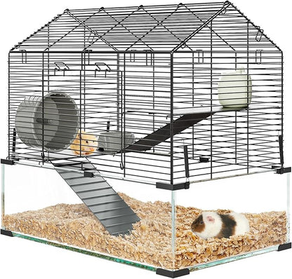 Large Hamster Cage with 7" Deep Tempered Glass Bottom, 3 Tiers Big Hamster Tank with Running Wheel, Hut, Water Bottle, Dish, Rat Cages for Syrian, Dwarf, Gerbils, Mouse, 22.83" x 15" x 21.25"